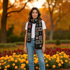 Lucky Brand Crochet Granny Square Scarf Multicolor Boho Retro Knit Long